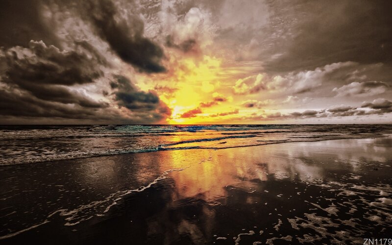 Sunset over Ocean — Yellow, Dramatic, Photograph, Clouds, Beach, Waves, Orange