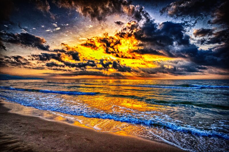 Sunset over Ocean — Yellow, Dramatic, Photograph, Clouds, Beach, Waves