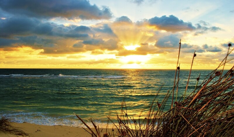 Sunset over Ocean — Yellow, Dramatic, Photograph, Clouds, Sand