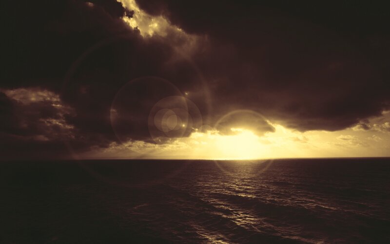 Sunset over Ocean — Yellow, Dramatic, Photograph, Clouds, Sun, Sea