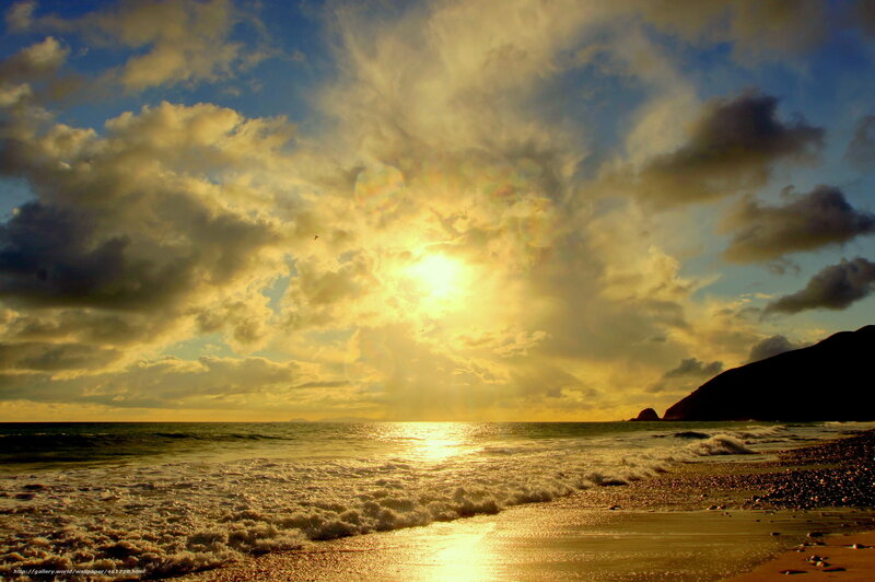 Sunset over Ocean — Yellow, Dramatic, Photograph, Clouds, Waves