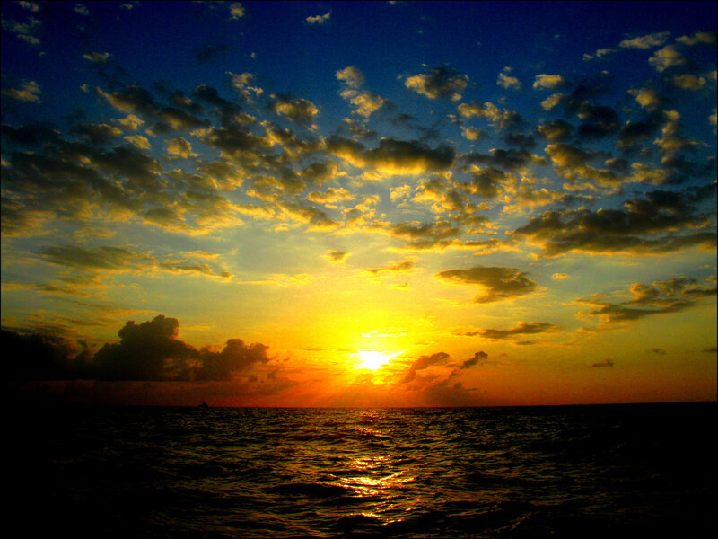 Sunset over Ocean — Yellow, Dramatic, Photograph, Sun, Clouds, Sea
