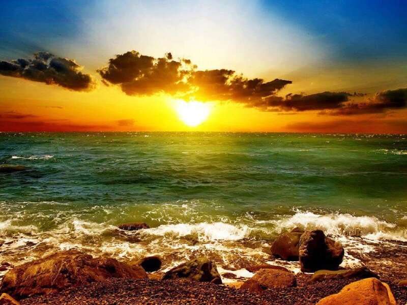 Sunset over Ocean — Yellow, Dramatic, Photograph, Waves