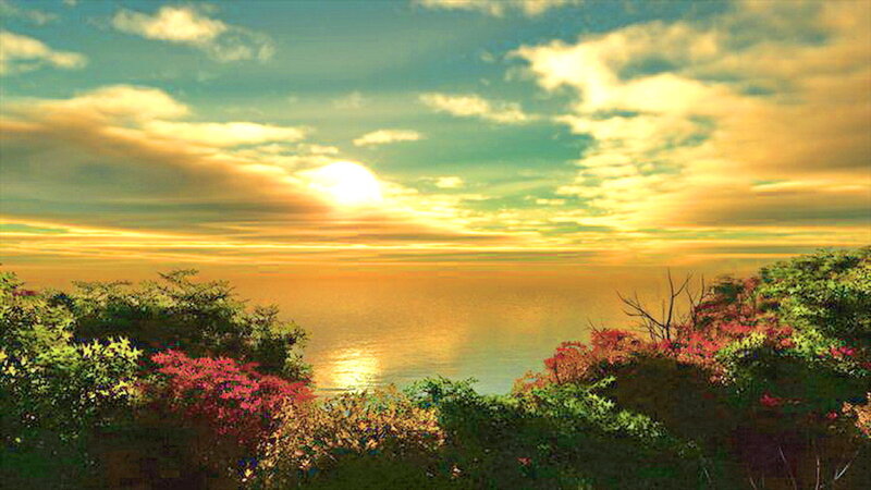 Sunset over Ocean — Yellow, Serene, Digital Art, Clouds