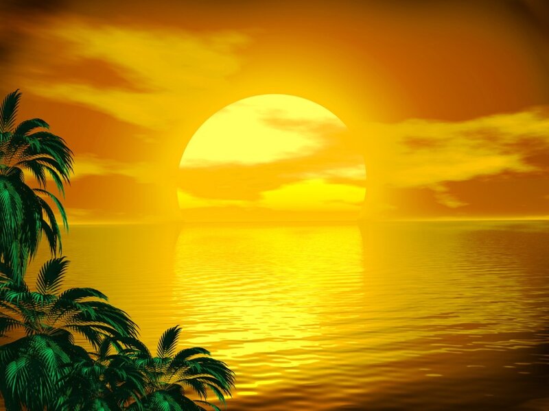 Sunset over Ocean — Yellow, Serene, Digital Art, Palm Trees
