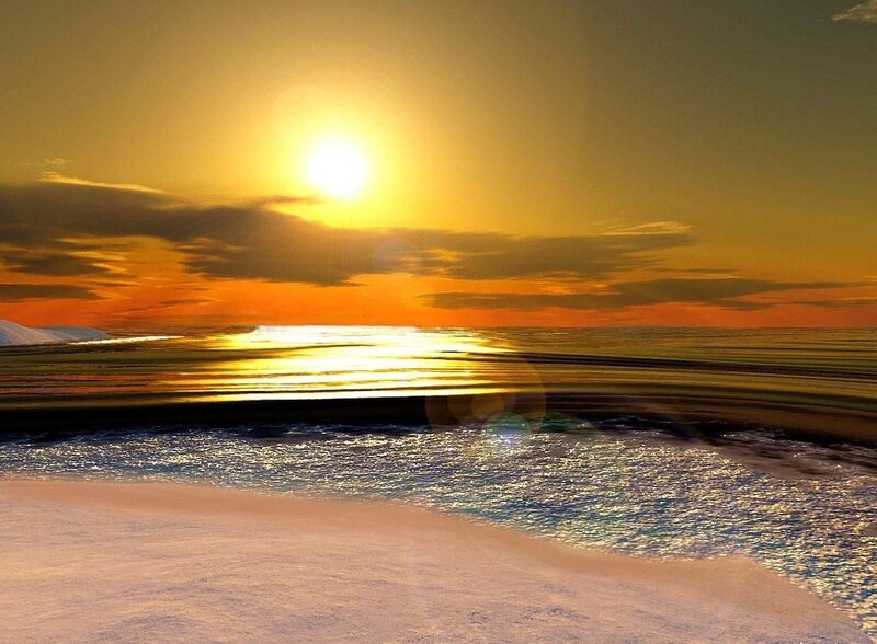Sunset over Ocean — Yellow, Serene, Digital Art, Sun, Clouds, Beach