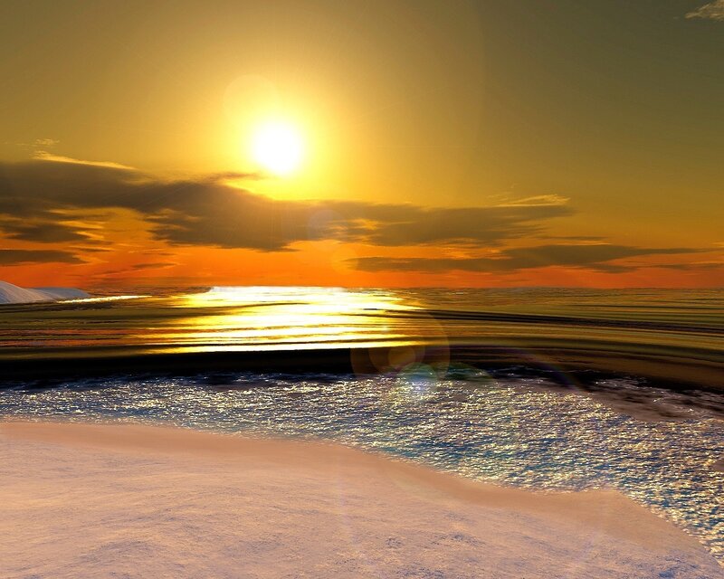 Sunset over Ocean — Yellow, Serene, Digital Art, Sun, Clouds