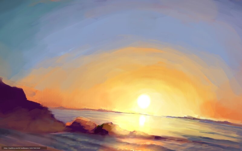 Sunset over Ocean — Yellow, Serene, Digital Art, Sun, Sea