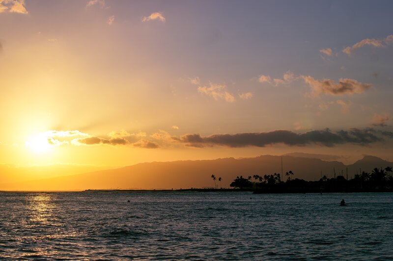 Sunset over Ocean — Yellow, Serene, Photograph, Mountains, Palm Trees