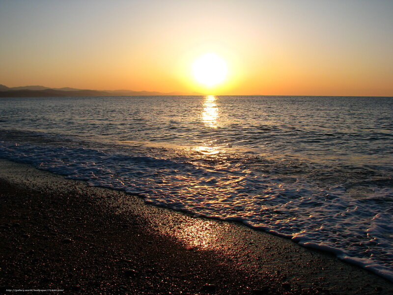 Sunset over Ocean — Yellow, Serene, Photograph, Mountains