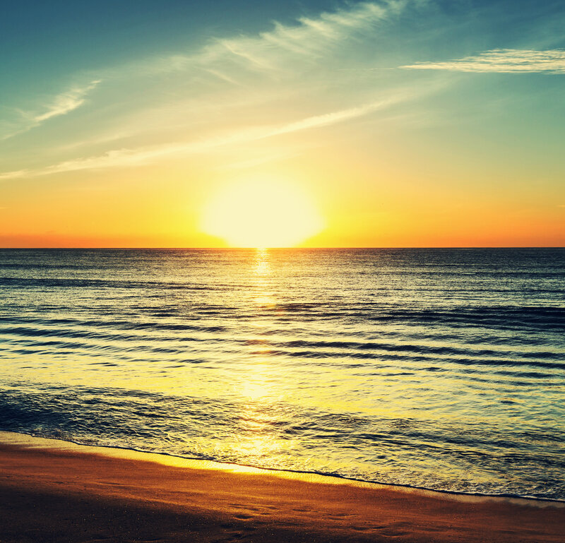 Sunset over Ocean — Yellow, Serene, Photograph, Sky, Sand