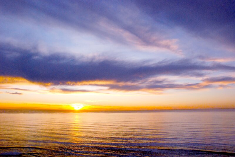Sunset over Ocean — Yellow, Serene, Photograph, Sun, Clouds, Sea