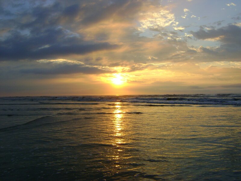 Sunset over Ocean — Yellow, Serene, Photograph, Sun, Clouds, Waves