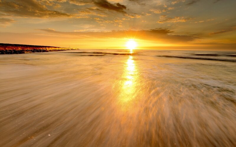 Sunset over Ocean — Yellow, Serene, Photograph, Sun, Sea