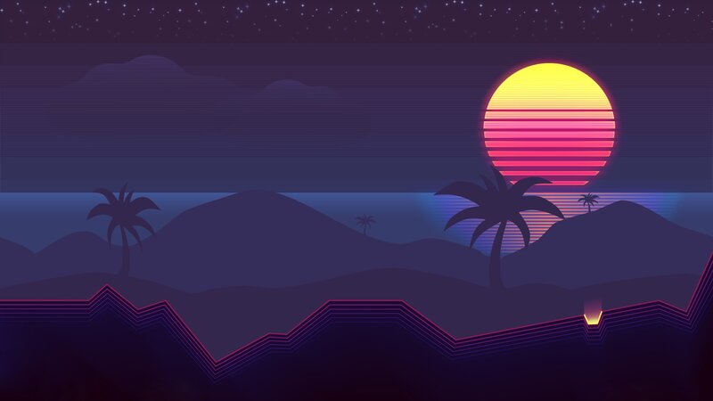 Sunset over Palm Trees — Purple, Serene, Digital Art
