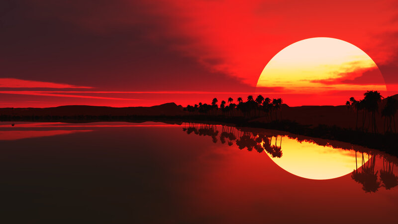 Sunset over Palm Trees — Red, Dramatic, 3d Render