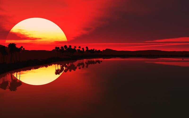 Sunset over Palm Trees — Red, Dramatic, Digital Art, Palm Trees, Water, Mountains, Orange