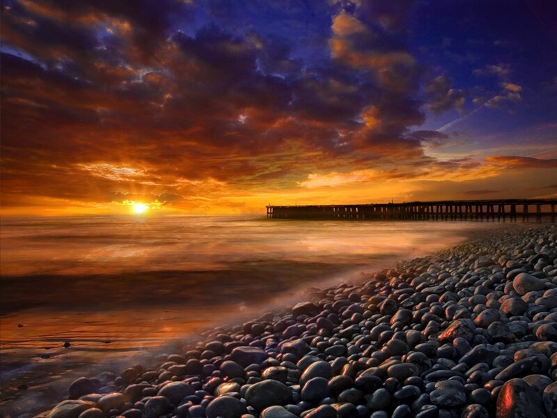 Sunset over Pebble Beach — Orange, Dramatic, Photograph, Pier