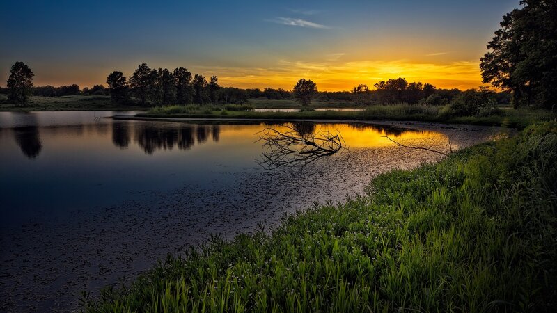 Sunset over Pond — Blue, Serene, Photograph, Trees, Reflection