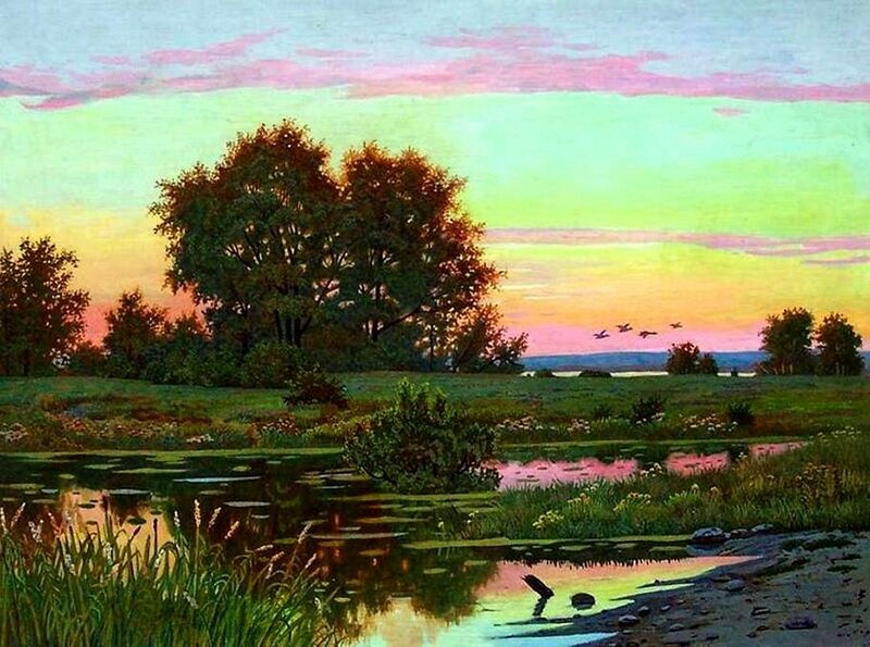 Sunset over Pond — Green, Serene, Painting