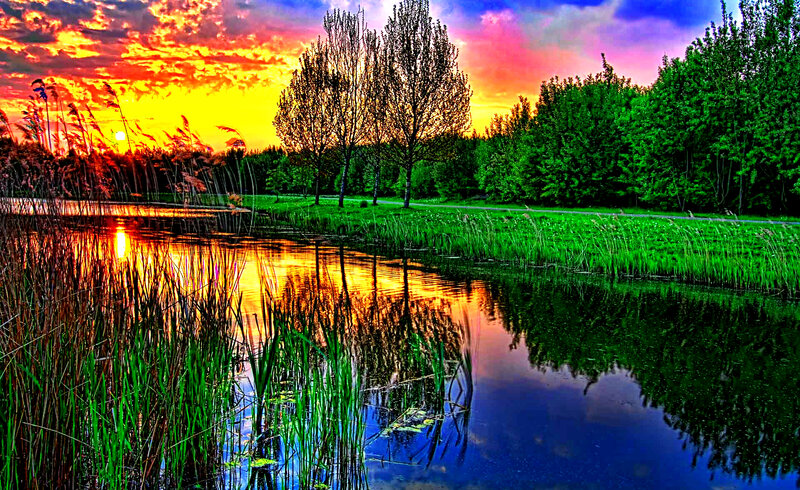 Sunset over Pond — Orange, Dramatic, Photograph