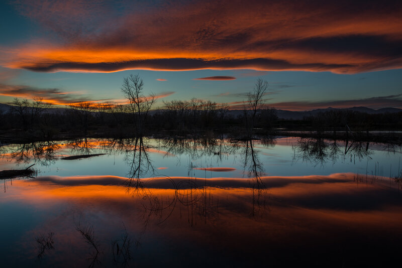 Sunset over Pond — Orange, Dramatic, Photograph, Trees, Mountains