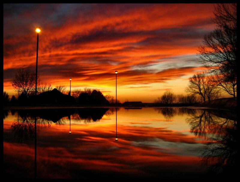 Sunset over Pond — Orange, Dramatic, Photograph, Trees, Streetlights