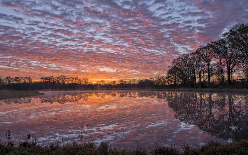 Sunset over Pond — Orange, Serene, Photograph, Clouds