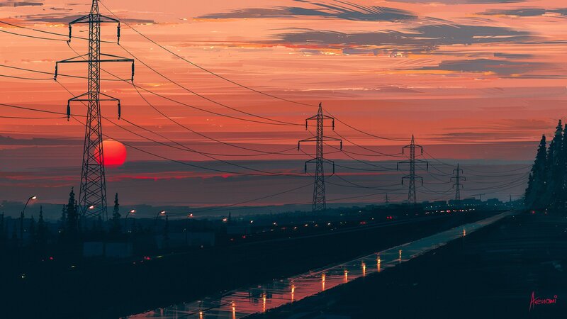 Sunset over Power Lines — Orange, Dramatic, Digital Art