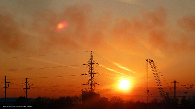 Sunset over Power Lines — Orange, Dramatic, Photograph, Crane