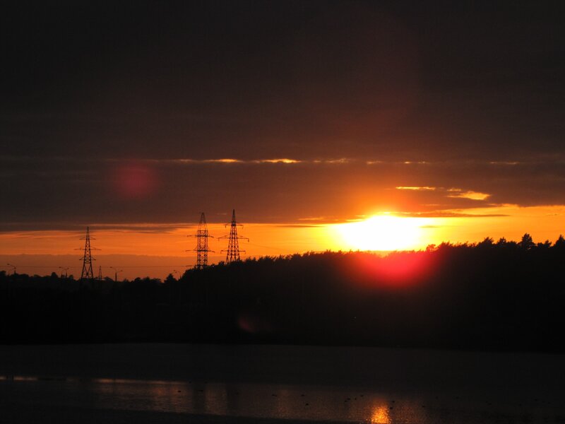 Sunset over Power Lines — Orange, Dramatic, Photograph, Power Lines, Trees, Lake