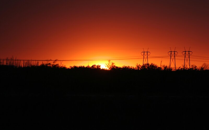 Sunset over Power Lines — Orange, Dramatic, Photograph, Power Lines, Trees, Sun, Red