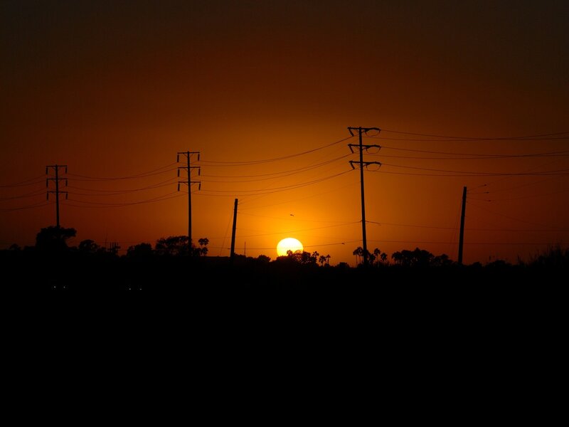 Sunset over Power Lines — Orange, Dramatic, Photograph, Power Lines, Trees