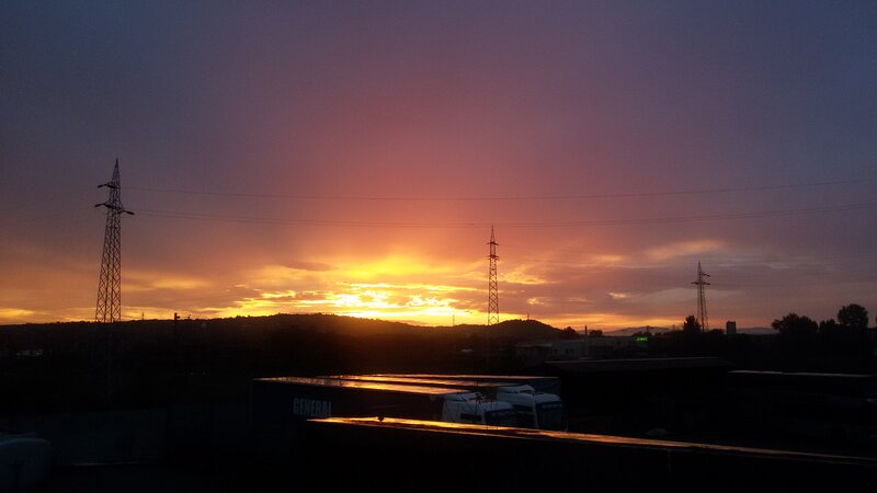 Sunset over Power Lines — Orange, Dramatic, Photograph, Power Lines, Trucks