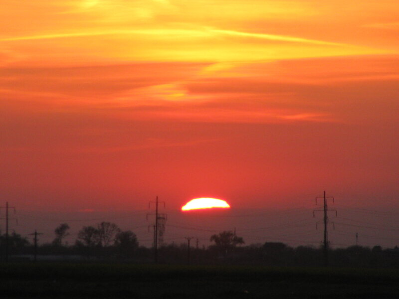 Sunset over Power Lines — Orange, Dramatic, Photograph, Sun, Power Lines, Trees