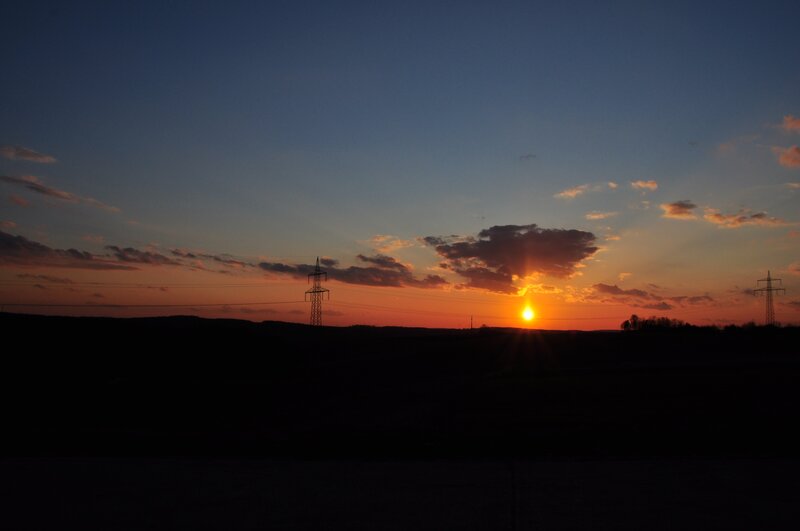 Sunset over Power Lines — Orange, Dramatic, Photograph, Sun