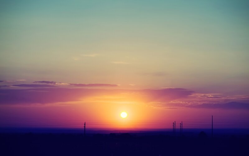 Sunset over Power Lines — Orange, Serene, Photograph, Sun