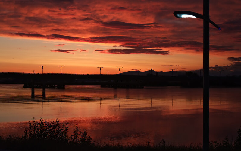 Sunset over River and Bridge — Red
