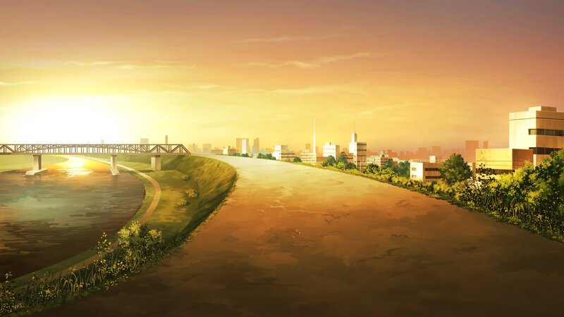 Sunset over river and city