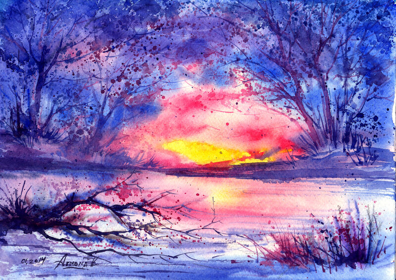 Sunset over River — Blue, Dramatic, Painting