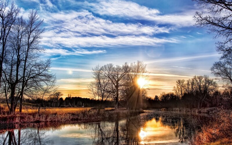 Sunset over River — Blue, Serene, Photograph, Trees, Sky, Reflection