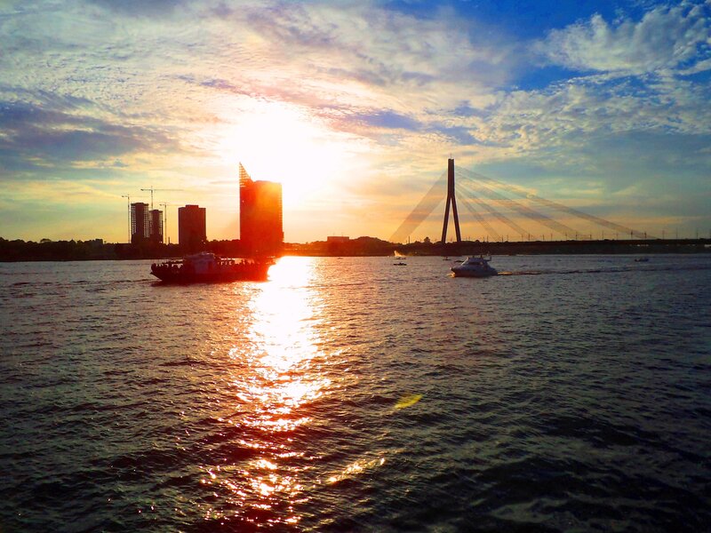 Sunset over River Bridge — Blue, Serene, Photograph