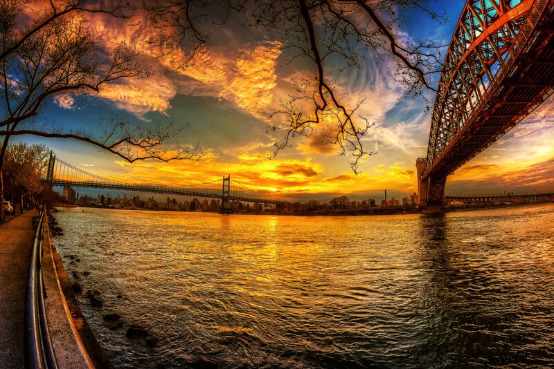 Sunset over River Bridge — Orange, Dramatic, Photograph, City Skyline