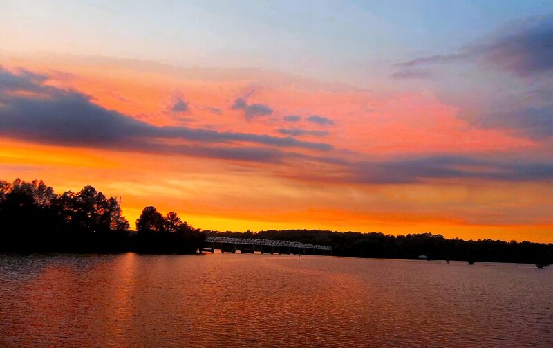 Sunset over River Bridge — Orange, Dramatic, Photograph, Trees
