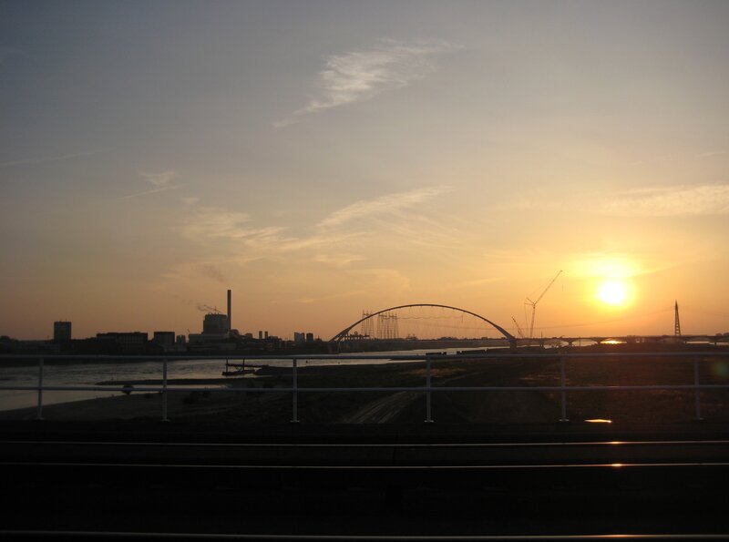 Sunset over River Bridge — Orange, Serene, Photograph