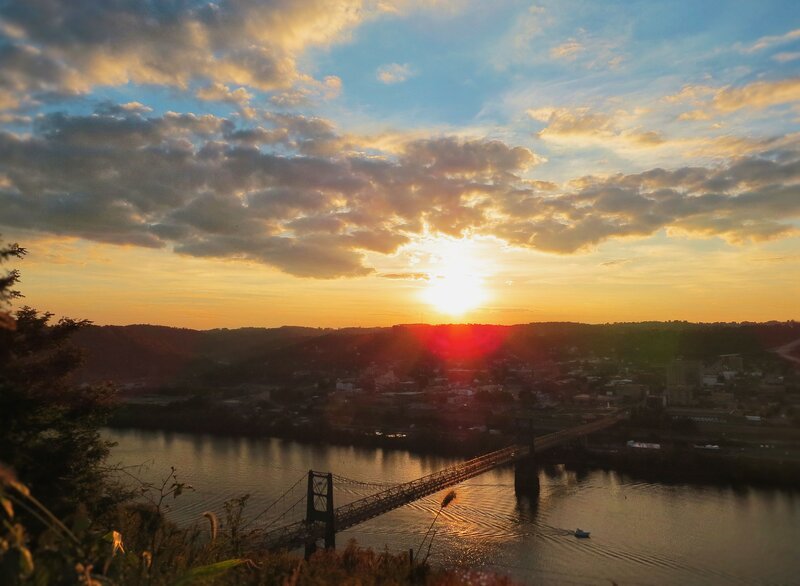 Sunset over River Bridge — Orange, Serene, Photograph, Town