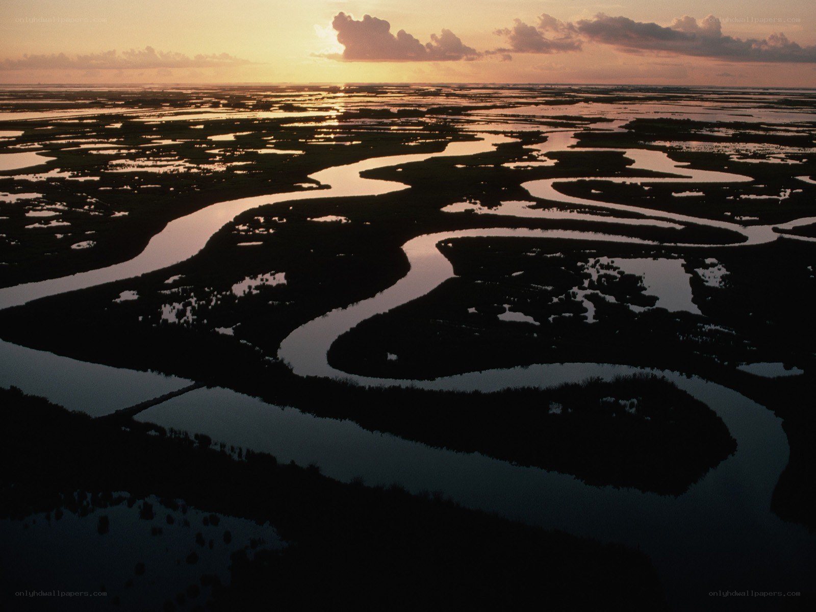 Sunset over river delta