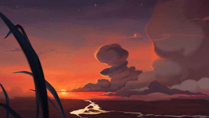 Sunset over River — Orange, Dramatic, Digital Art, Clouds