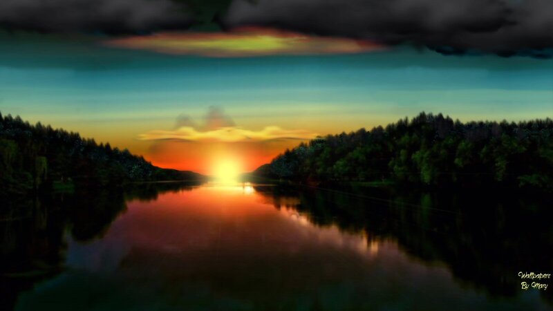 Sunset over River — Orange, Dramatic, Digital Art