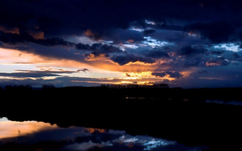 Sunset over River — Orange, Dramatic, Photograph, Clouds, Silhouette